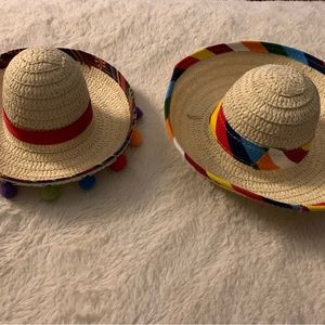 Two colorful sombreros, with straps. Small and medium size for pets.